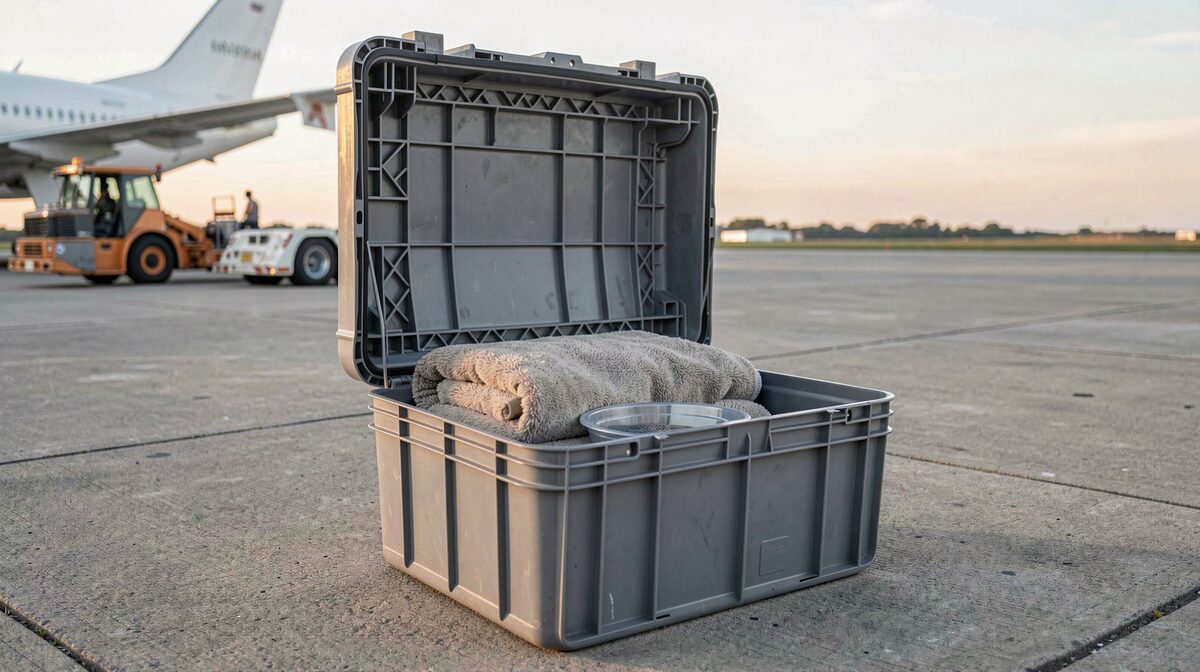 A grey plastic airline crate stands open on a concrete airport apron at dawn, a folded blanket and a water bowl inside, with a cargo loader and a freighter tail visible in the soft background light, shot at crate height.