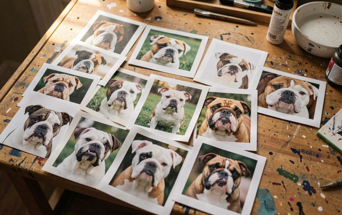 Eleven printed bulldog portraits laid in a loose grid on a workbench