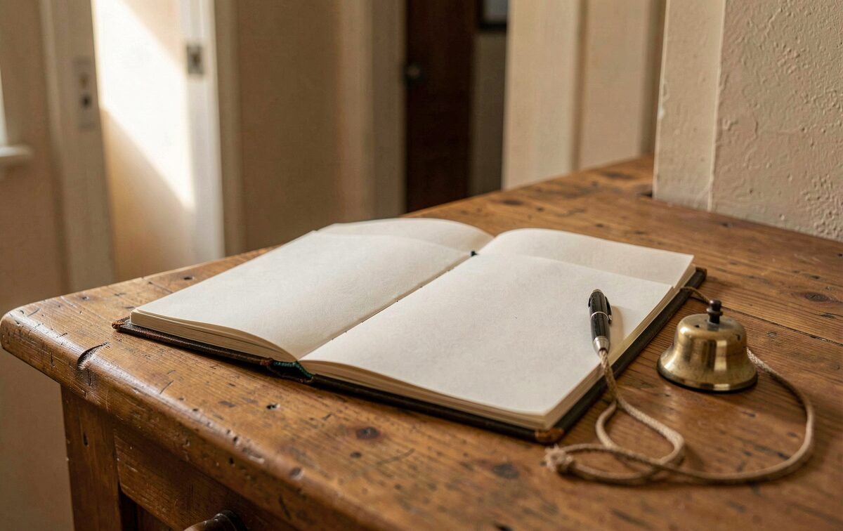 An open blank guestbook on a counter, a pen on a cord and a small bell beside it