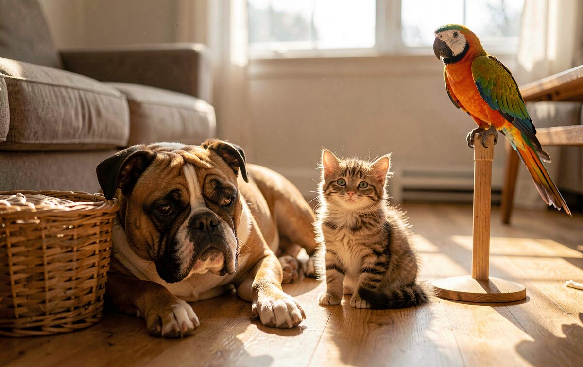 A bulldog, a kitten and a parrot sharing a sunlit living-room floor