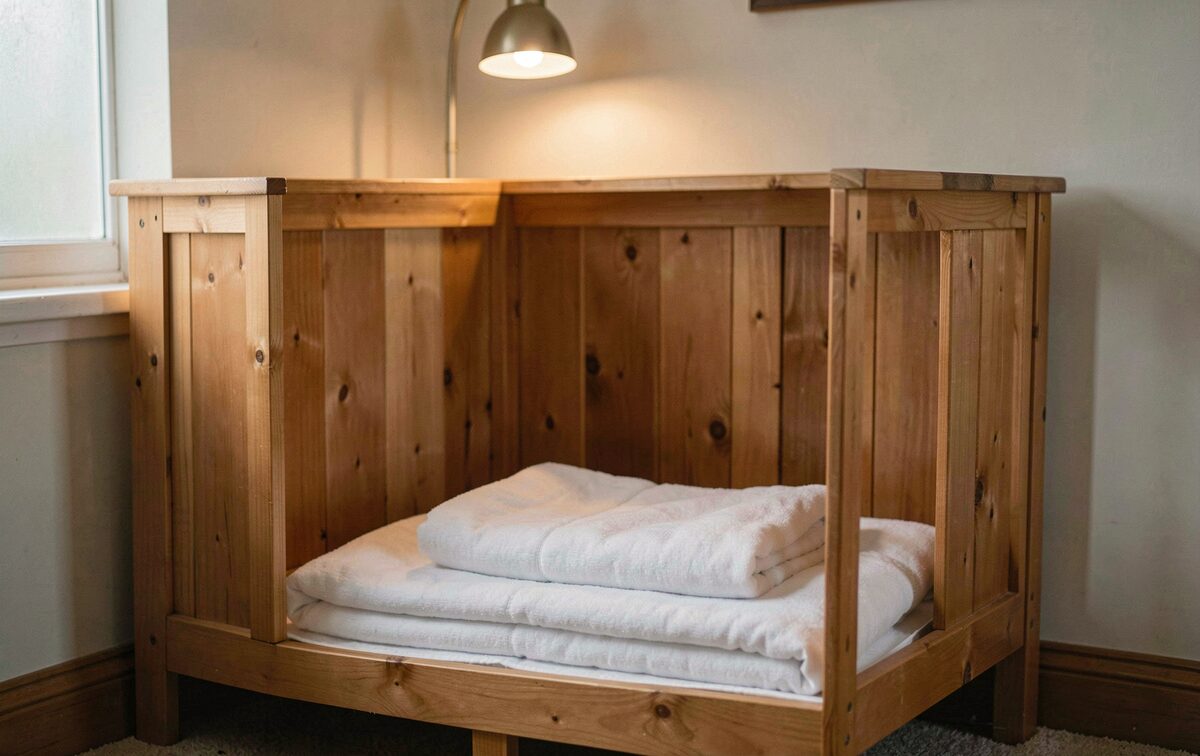 An empty wooden whelping pen with folded blankets, a small lamp above