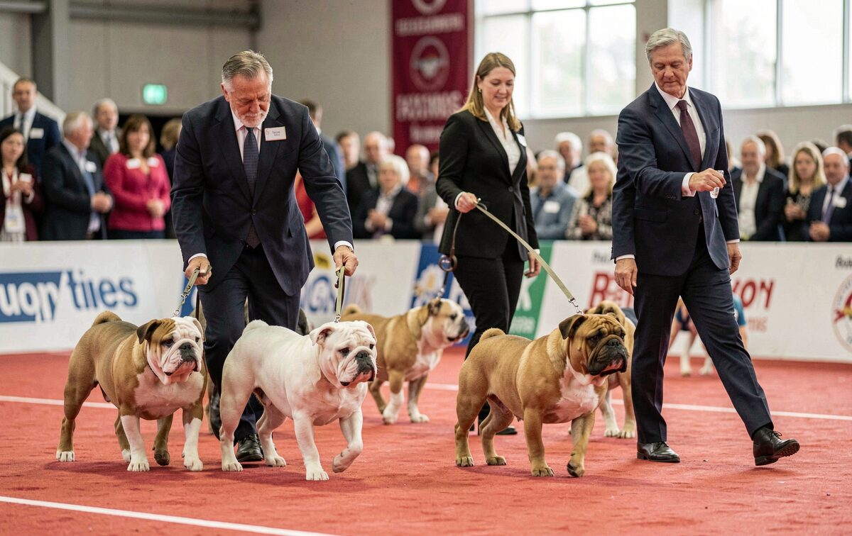 Handlers gaiting bulldogs around a carpeted show ring, banners blurred behind